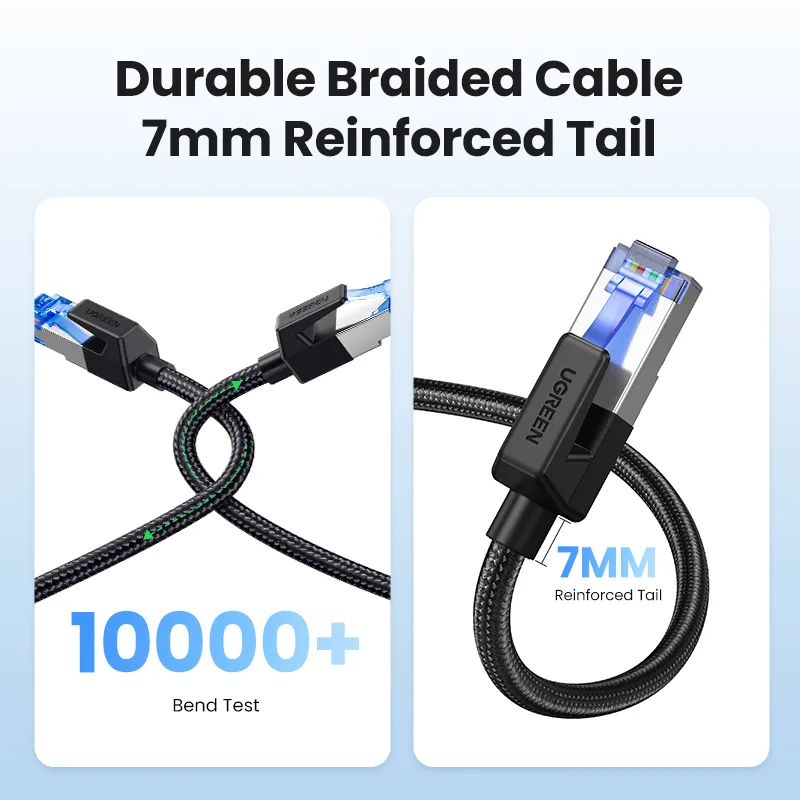  UGREEN Cat 8 Ethernet Cable 3FT, Flat High Speed 40Gbps 2000Mhz  Internet Cable 26AWG Braided Network Cord RJ45 Shielded Indoor LAN Cables  Compatible for Gaming PC PS5 Xbox Modem Router 3FT 