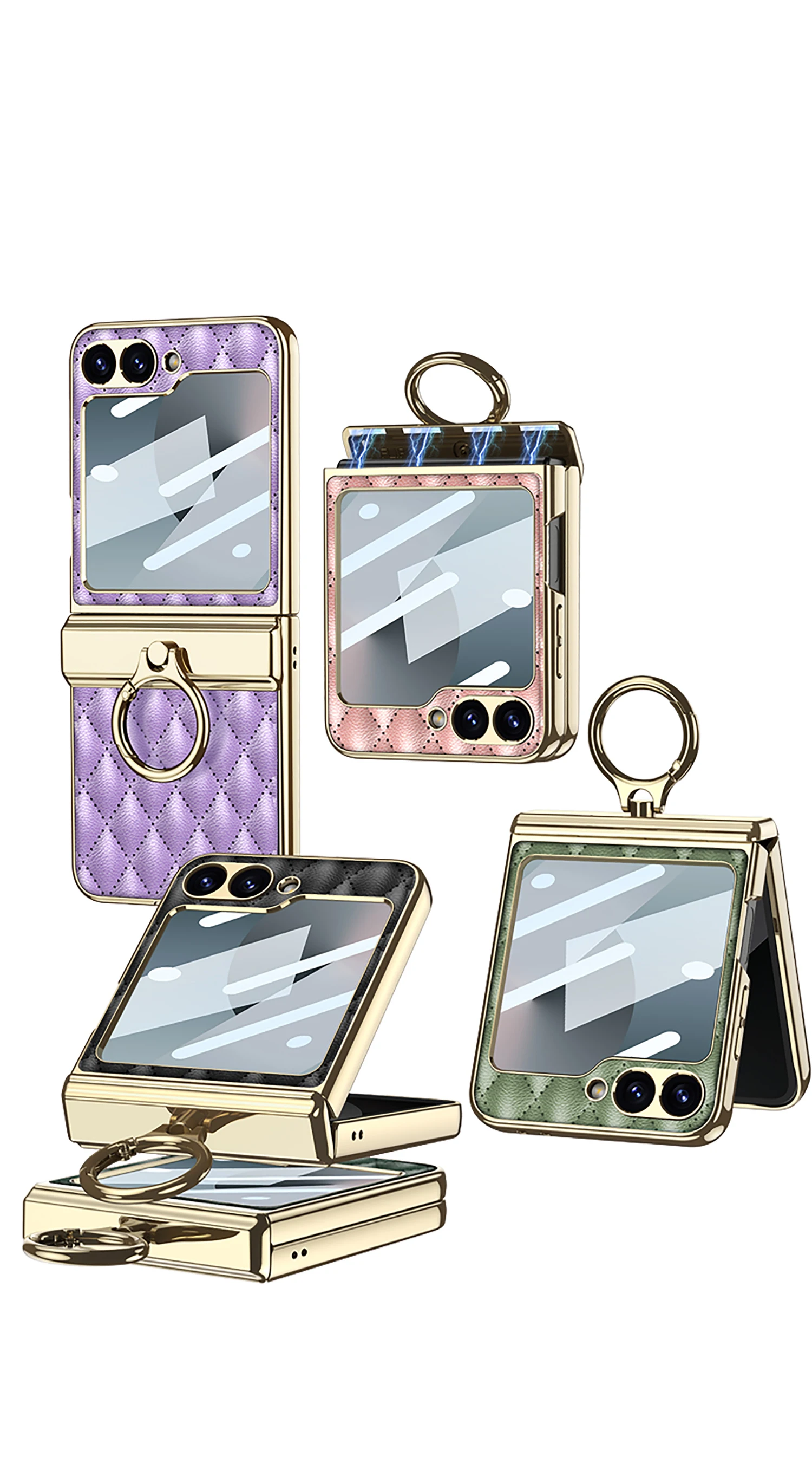 Diamond Leather Ring Holder Case For Samsung Galaxy Z Flip 6 Magnetic Hinge Scre