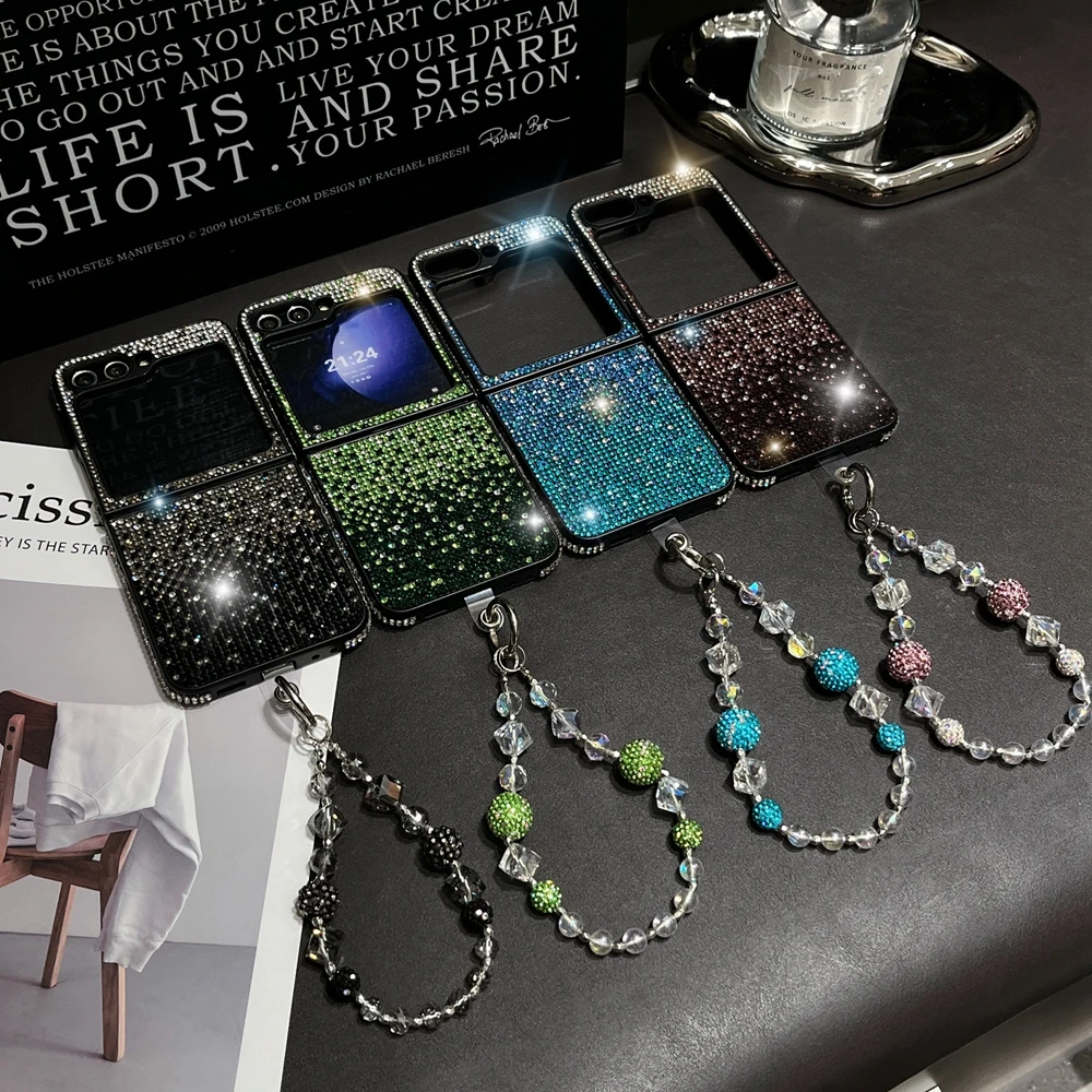 Glitter Diamond Wrist Chain Case for Samsung Galaxy Z Flip 6 5 4 3 Zflip flip6 Bracelet Gradient Bling Rhinestone Hard PC Cover phone case,phone case chain