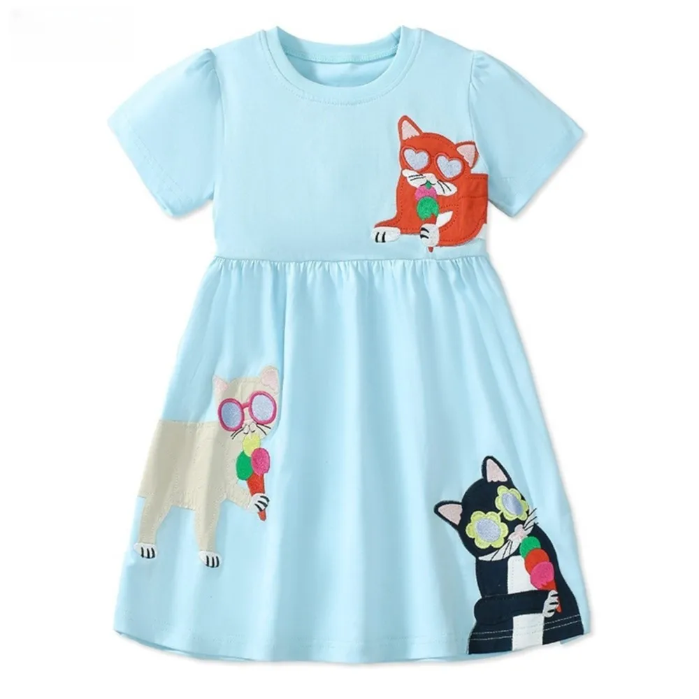 2025 New Summer Children's Clothing Kids Clothes Cartoon Cats Party Dresses Holiday Cotton Casual Vestidos  Gifts