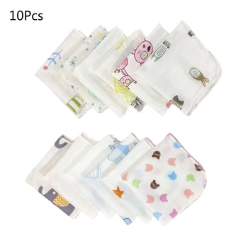 10Pcs Baby Washcloths Cartoon Cute Print Double Layer Gauze Infant Face Towel Absorbent Square Burp Cloths Handkerchief Random 1