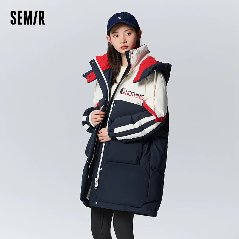 Semir Down Jacket Women Long Color Block Letters Winter Fashion Hooded Loose Warm Thick Coat