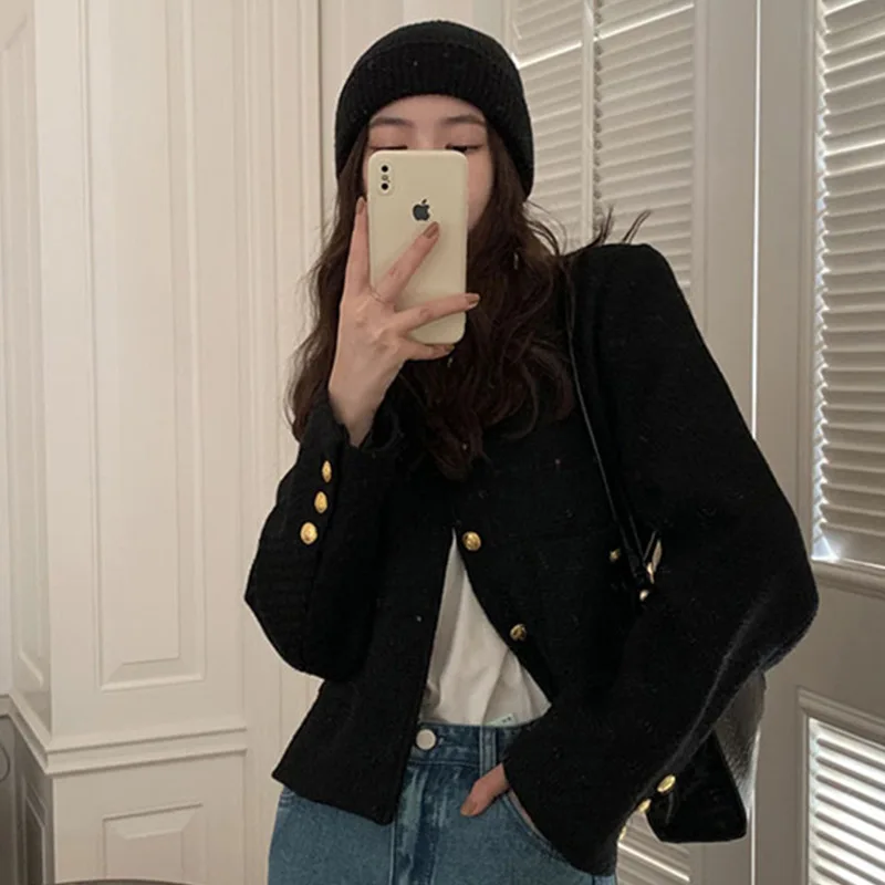 

Fashion Solid Black Women's O-neck Pocket Coat French Long Sleeve Cardigans for Woman Autumn and Winter Coat for Women New