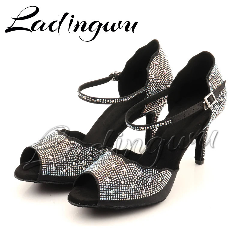 Ladingwu Women Latin Dance Shoes Rhinestones Soft Bottom Salsa Shoes For Dancing Ladies Sandals Women's Wedding Hight Heels 6-10