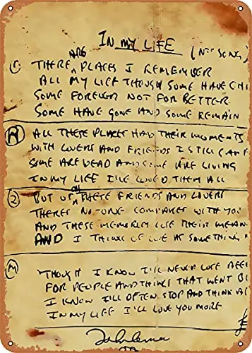 

John Lennon Lyrics Vintage Look Metal Sign Patent Art Prints Retro Gift 8x12 Inch