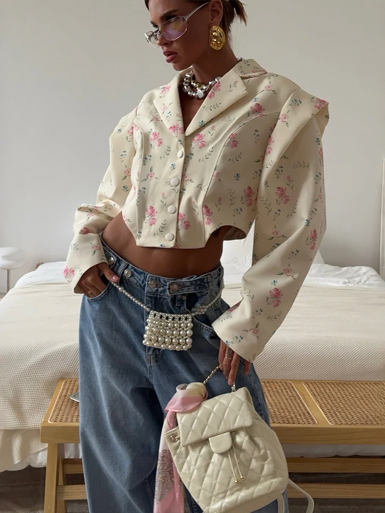 Nibber Floral Print Crop Coat Woman Polo-Neck Single-Breasted Full Sleeve Irregular Hem Sweet Style Street Casual Hipster Tops