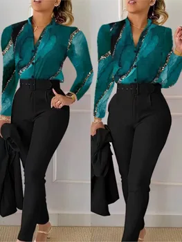 Alternative view of Elegant Women Printed Two Piece Suit Sets Autumn Winter V Neck Long Sleeve Shirt Top & Long Pants Set With Belt Workwear Outfits