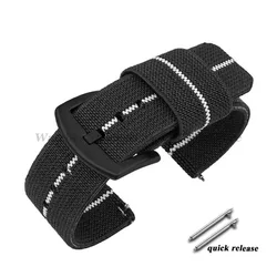Woven Elastic Nylon Watch Band - Quick Release Military Sport Strap - 20mm (BlackWhite - Black)