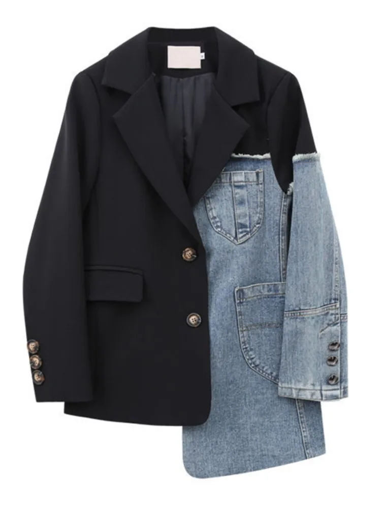 

Women Vintage Fashion Blazer Denim Patchwork Jackets 2022 Autumn Winter Irregular Coat Women Long Sleeve Loose Korean Outerwear