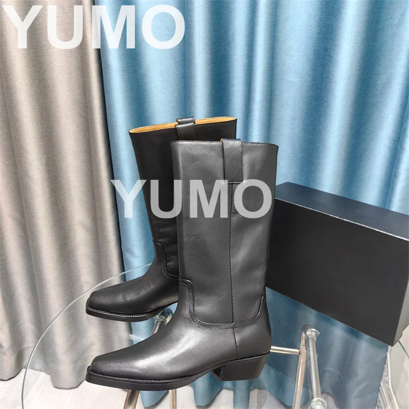 

2023 Women Size 41 Genuine Leather Pointy Toe Knee-High Boots Solid Color Cowboy Boots Designer Shoes Zapatillas Mujer