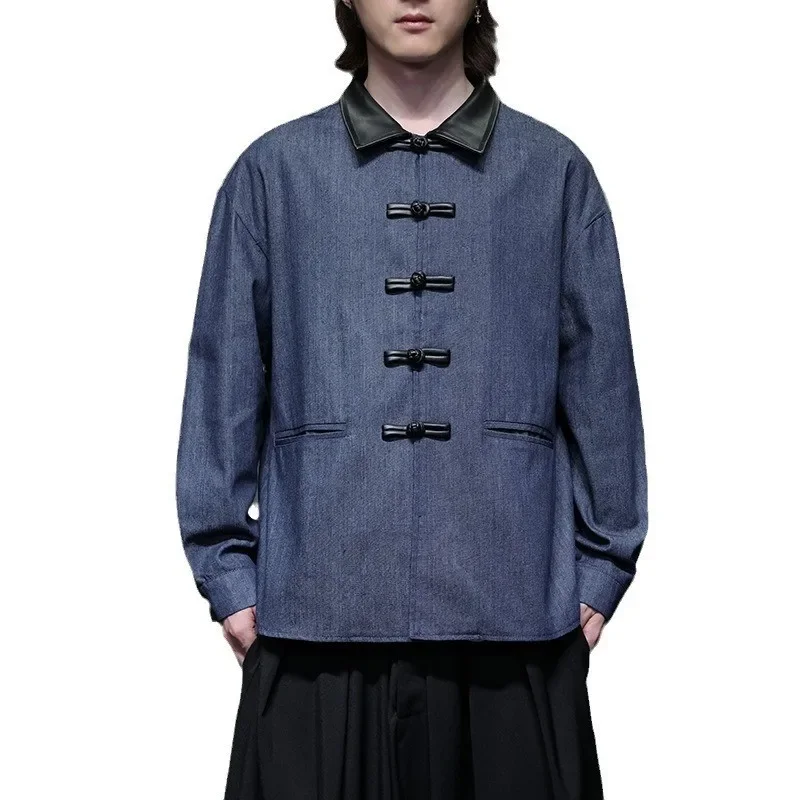Autumn Winter Men's Denim Jacket Button up Collar Retro Chinese Style Coat Casual Western Suit for Men Origin China