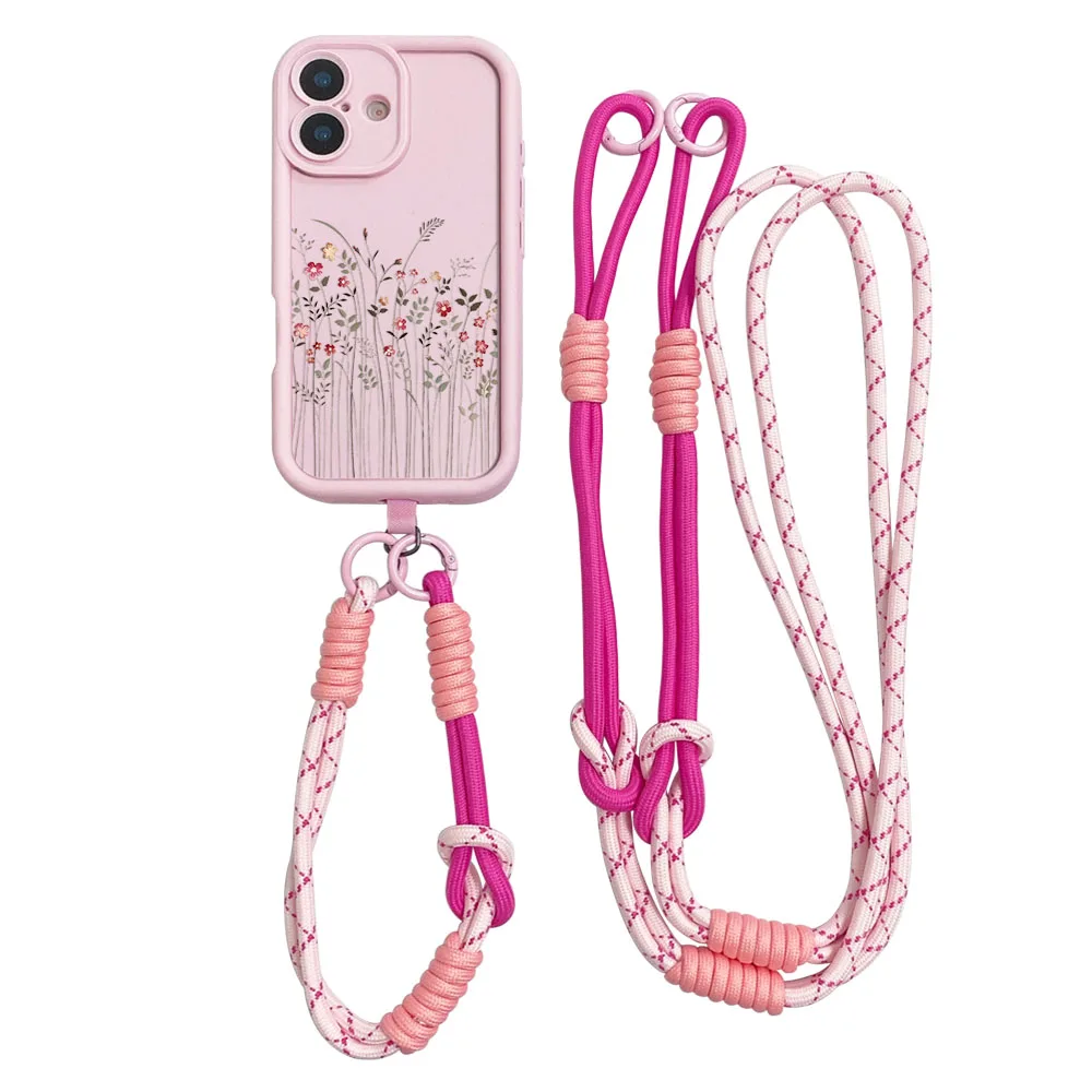 Floral Crossbody Lanyard Phone Case with Necklace Strap and Wrist Chain Cover
