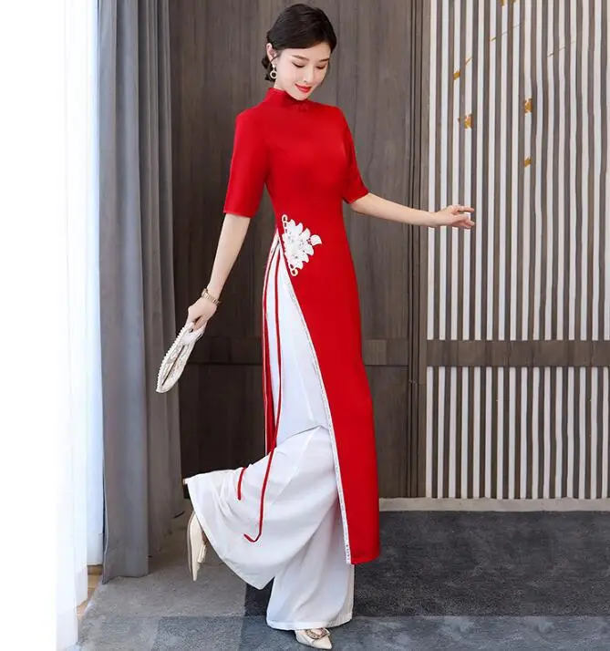 

Red Vietnam Ao dai Women Dress Summer Cheongsam Suit Include Pants Vintage Long Chipao
