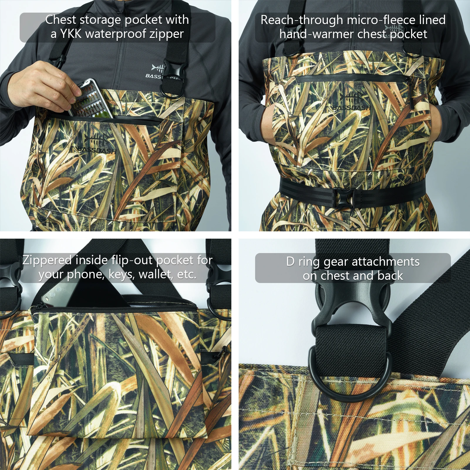 BASSDASH Men Women Boot Foot Waders Breathable Lightweight Fishing Hunting Mossy Wood Reeds Printing Long Trousers With Boot