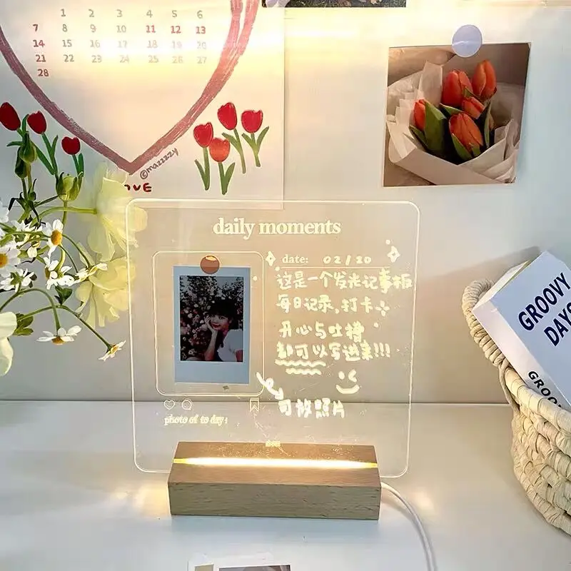 

New LED USB Acrylic Memo Message Board with Wood Stand Bedside Reading Lamp Daily Moments Movie List Student Creative Stationery