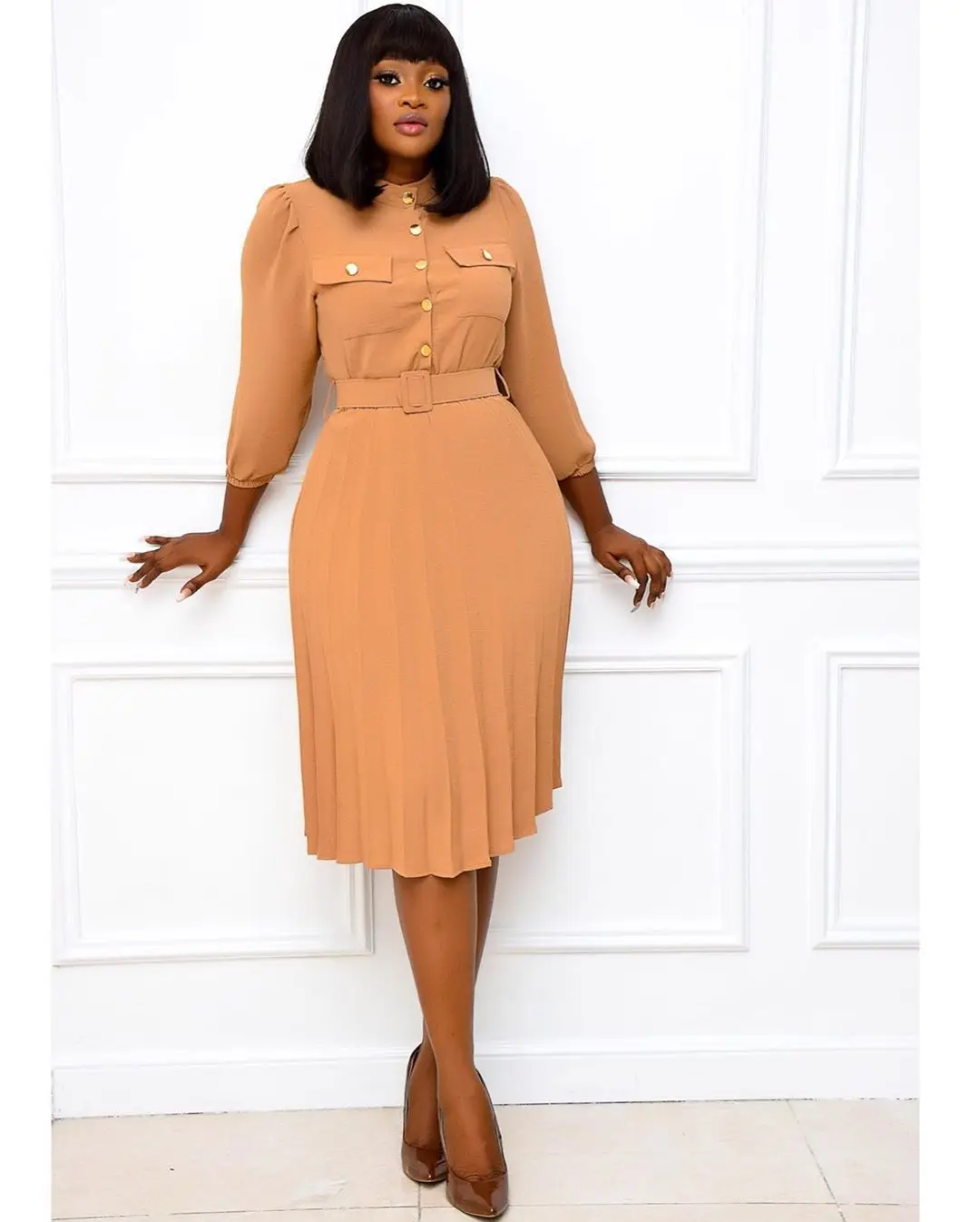 Women’s A-Line Pleated Dress With Front Button Detail And Long Cuffed Sleeves