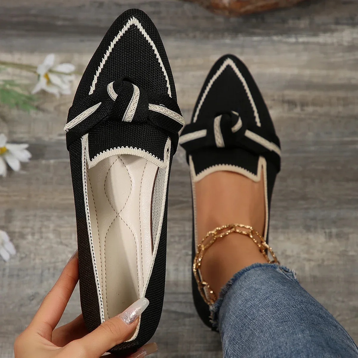 Women Shoes Flats Sneakers Knitted Slip Breathable Comfortable Solid Color Casual Pointed Toe Walking Loafers