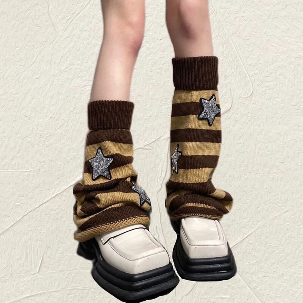 Y2K Harajuku Bone Striped Stars Leg Warmers Cool Girl Sock Cover Women's Long Socks Knitted Warm Foot Cover Boot Cuffs 3d printer part xcr 13mega heated block silicone sock v6 hot end nozzle heated block warm keeping cover 1pc