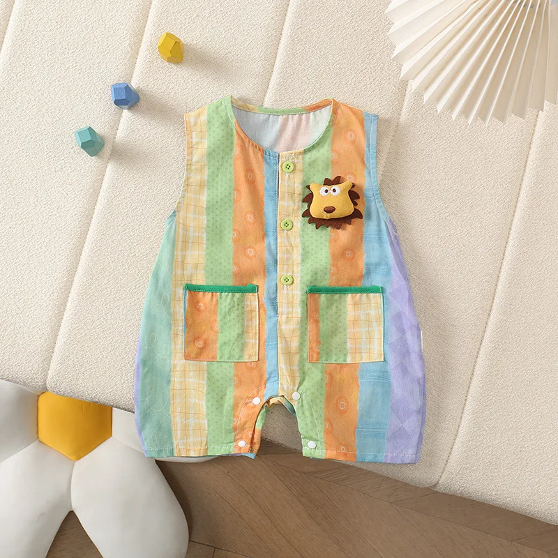 Summer Cute and Casual JumpSuit Frog and Lion Head Print Romper Half Front Open Wide Shoulder Short Crawling 3