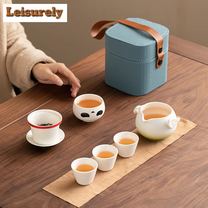 Creative Penguin Duck Ceramic Travel Tea Set Kit Ancient 1 Pot 4 Cups Tea Maker Organizer Portable Camping Tote Bag Ornaments