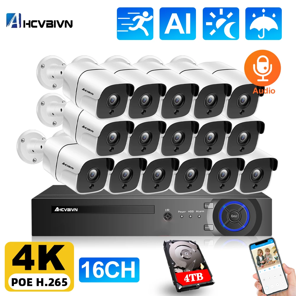 

AHCVBIVN Home POE IP Security Camera Set 4K 16CH 8CH POR NVR 8MP Outdoor Audio CCTV IP Vedio Surveillance Cameras System Kit