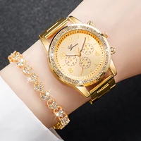 Fashion Women Stainless Steel  Gold Color Quartz Watch & Diamond Bracelet - Image 3