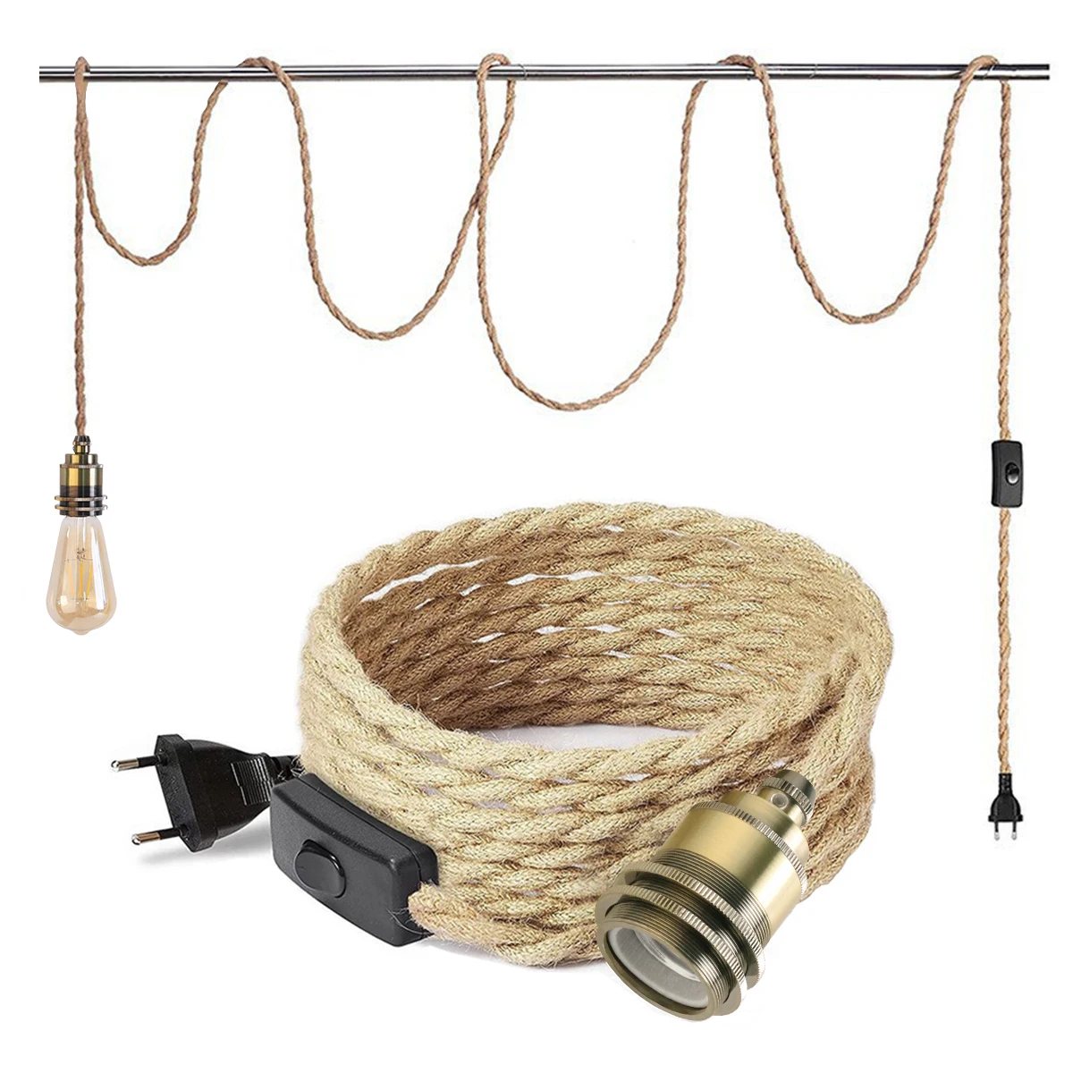 Rustic Pendant Light with 2M Hemp Rope and EU Plug