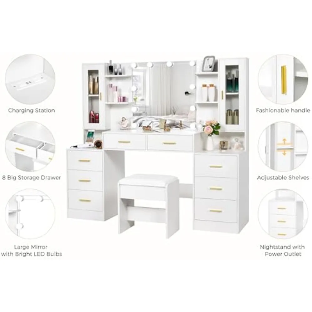 Large Vanity Desk Table with Mirror & Lights White Makeup Vanity with Power Outlet and 8 Drawers 2 Cabinets 3 Lig 4