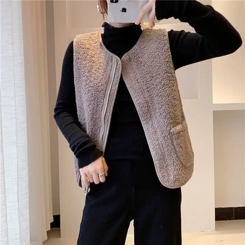 Women's Vest Sleeveless Tops Lamb Fur All In One Korean Fashion Loose Keep Warm Spring and Autumn Coat Pocket genuine leather gloves female new winter lamb cashmere sheepskin woman gloves short style plus velvet thicken keep warm nw181