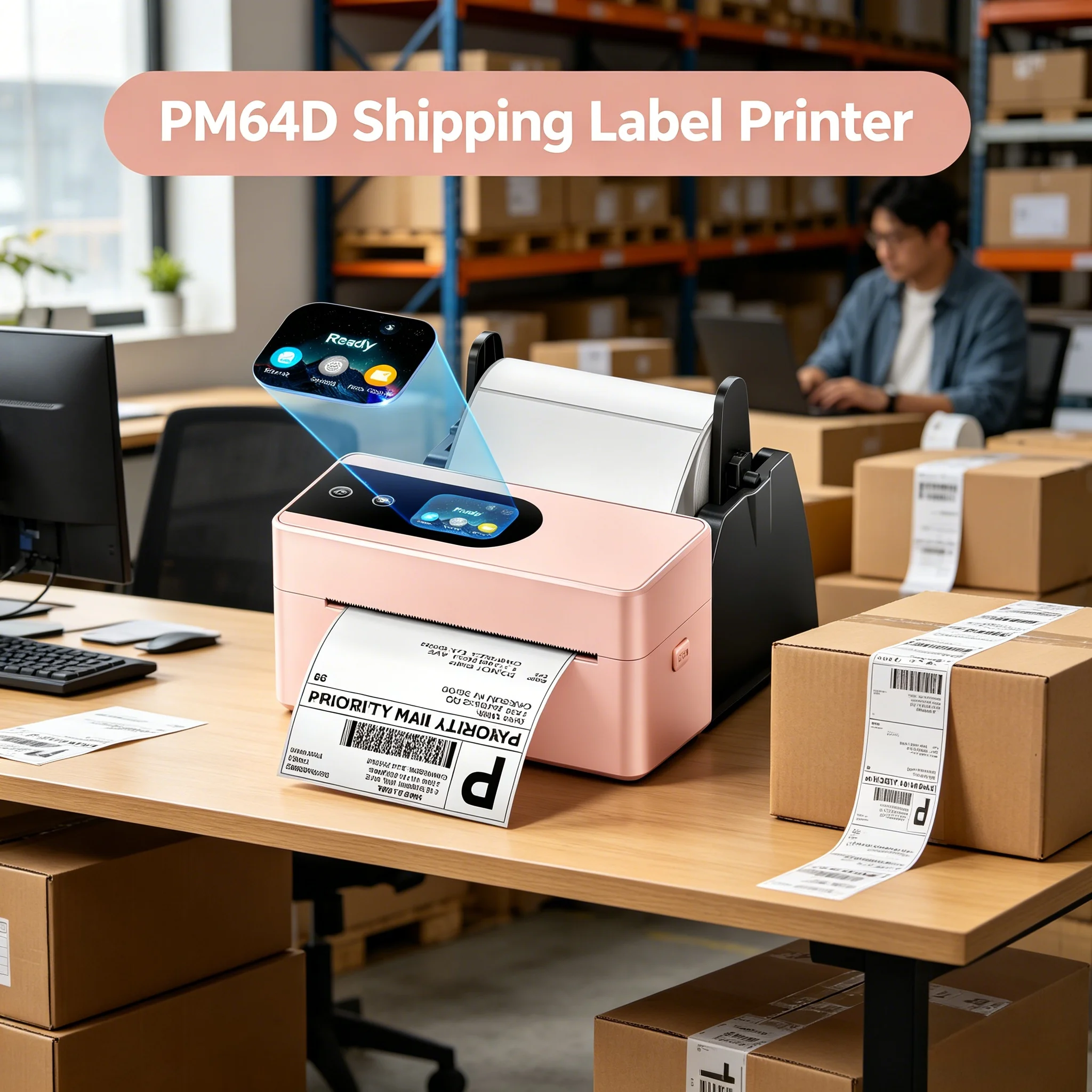 포모모 PM64D 감열 라벨 프린터 4x6 터치스크린, 블루투스 무선 배송 라벨 ..