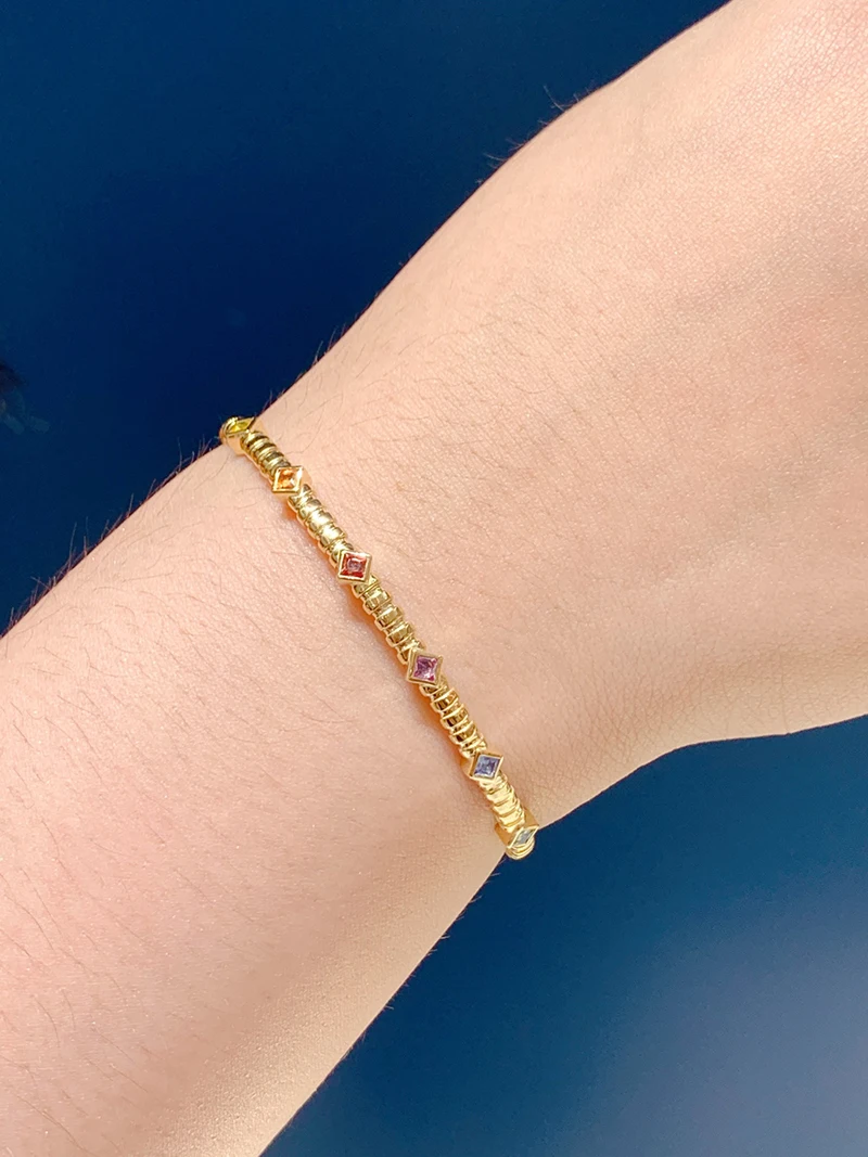 KUGG 18K Yellow Gold Bracelet Fashion Princess Cut Real Natural Aquamarine Spring Design Exquisite Party Jewelry for Women