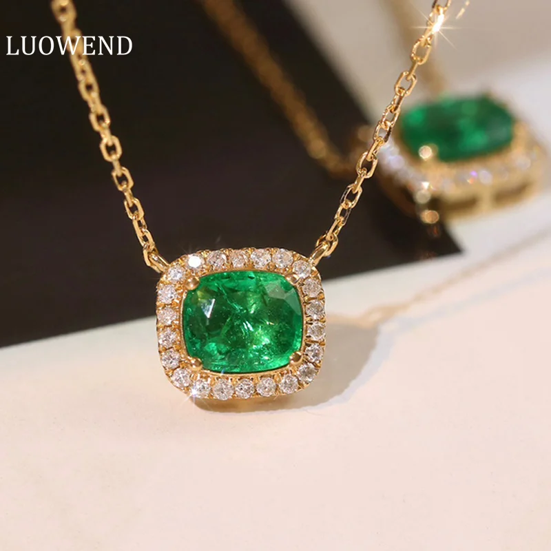 LUOWEND 18K Rose Gold Pendant Necklace Real Diamond Pendant Women Emerald Necklace Fashion Gemstone Jewelry Holiday Gift luowend 18k white and yellow gold earrings real natural ruby shiny gemstone fine fashion shape jewelry gift for women and girls