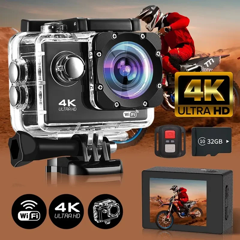 Caméra Action 4K WiFi 170° Étanche GPS 4X Zoom + Carte 128Go