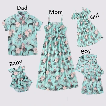 Flower Print Mother Father Kids Matching Clothing Set Sleeveless Ruffles Dress Dad Son Shirt Tops Family Look Holiday Party Wear