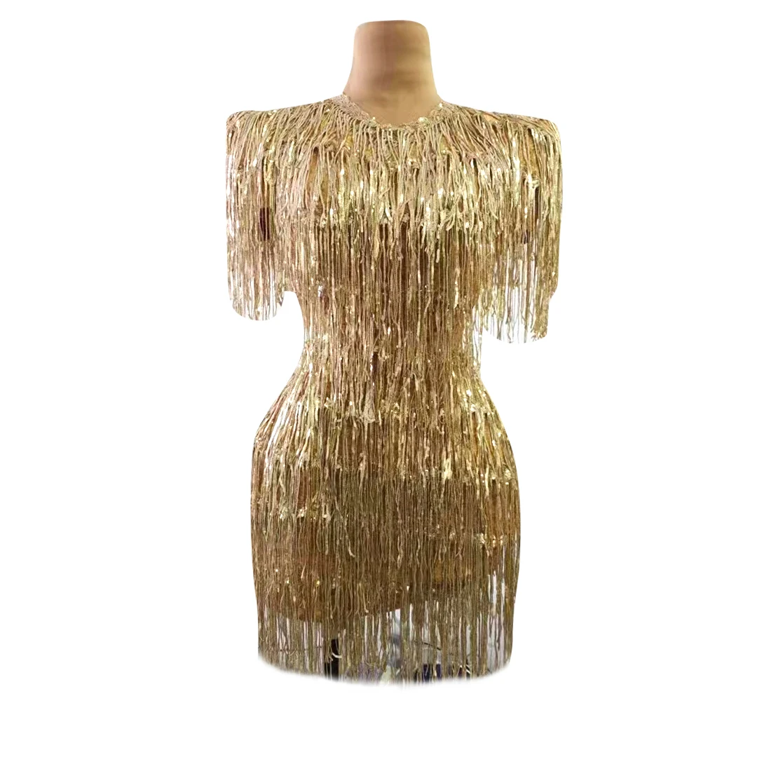 

Shiny Gold Sequins Fringes Sleeveless Short Dress Evening Birthday Celebrate Costume Women Dancer Show Party Dresses
