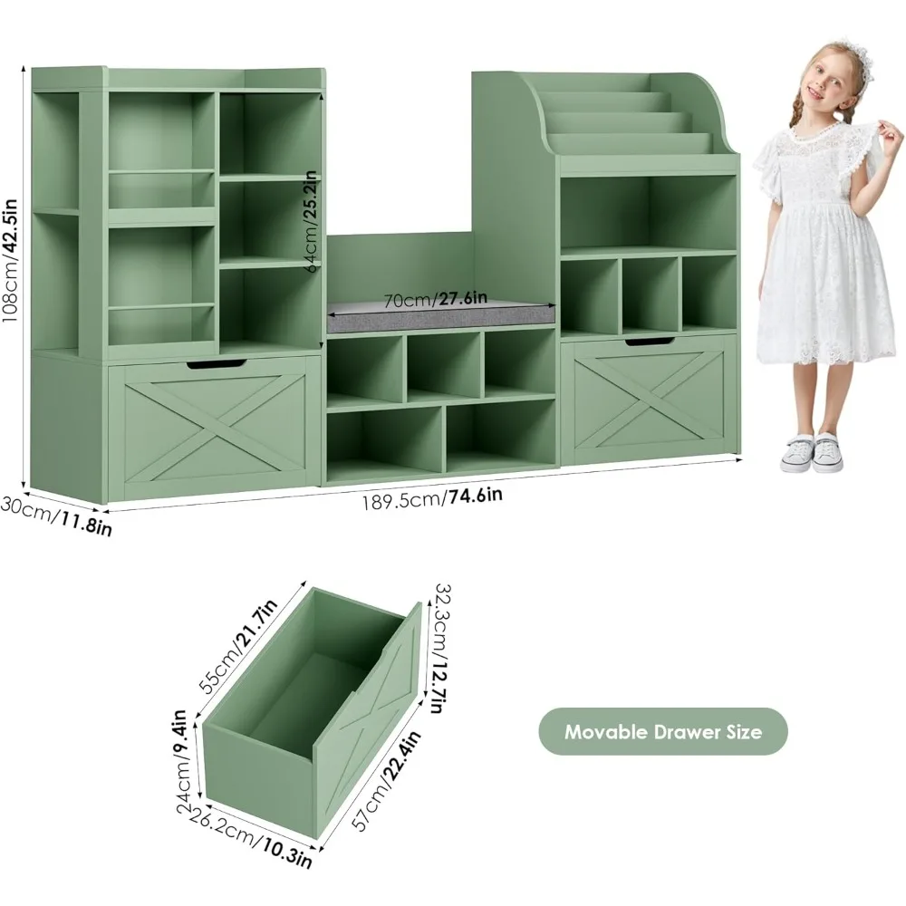 75" Kids Bookshelf with Reading Nook, Toy Storage Organizer with Seat Cushion and Movable Drawers for Playroom, Green
