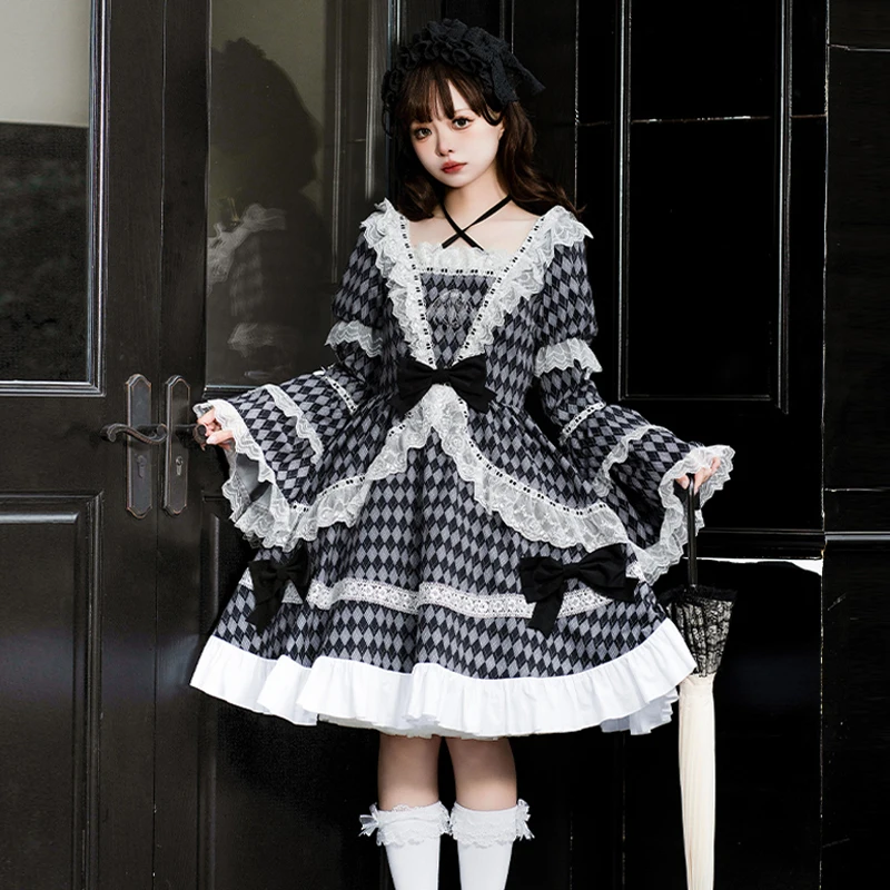 

Harajuku Gothic Lolita Bow Plaid Lace Ruffles Embroidery OP Dress Women Sweet Kawaii Jsk Princess Dresses Black Lolita Costume