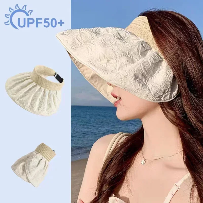 

Summer Empty Top Sun Hat Anti Uv Female Outdoor Visor Cap Casual Shade Hat Straw Wide Large Brim Sunscreen Beach Sunhat Lady