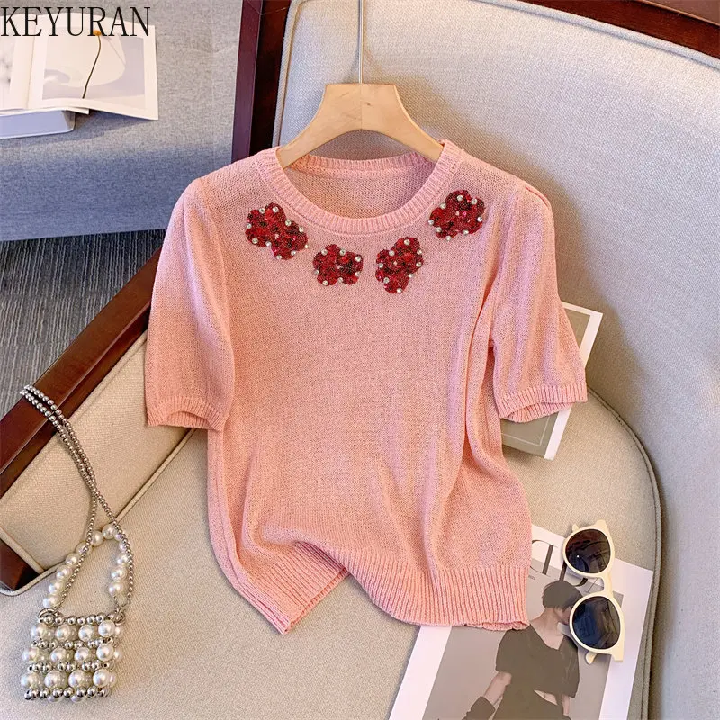 

Diamonds Floral Sequins Short Sleeve Sweater T Shirt Women Knitwear Summer 2023 New Fashion Casual O-Neck Knitted Top Female Tee