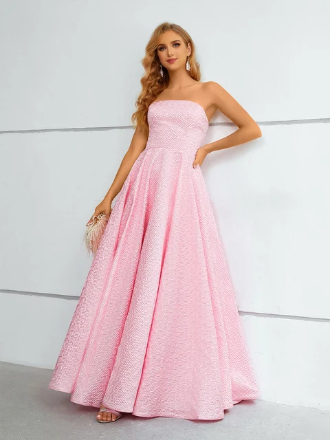 Womens Pink Evening Gowns A-Line Strapless Prom Homecoming Dress Girls Printed Satin Floor Length Formal Dress Vestides de Festa Cheap Product Recommendation