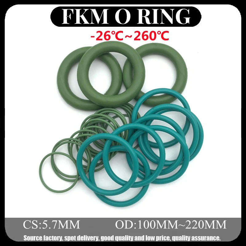 

2pcs Green FKM Fluorine Rubber O Ring CS 5.7 mm OD 100mm ~ 220mm Sealing Gasket Insulation Oil High Temperature Resistance Green