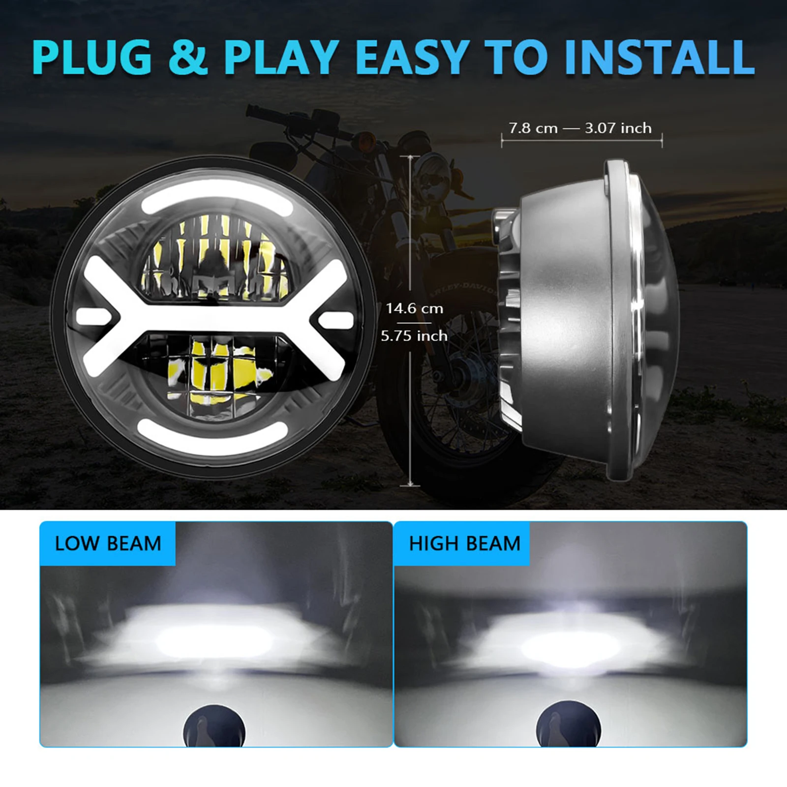 LED Motorcycle Headlight, 5-3/4 5.75 inch IP67 Waterproof Car Headlamp with DRL/Turn Signal/Low Beam/High Beam