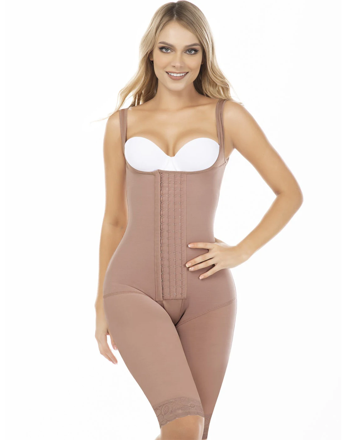 Liposuction Post Surgery Knee Length Body Shaper for Women Open Bust with Front Closure Sleeveless Shapewear Hip Enhance