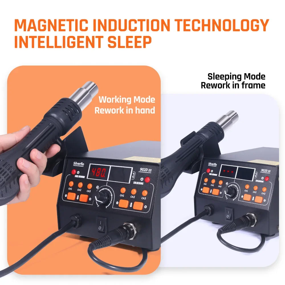 Silverflo 902D-III Welding Station 750W Hot Air Soldering Station with 3 Preset Channels Sleep Mode C/F Swith for SMD Rework soldering station,welding tool