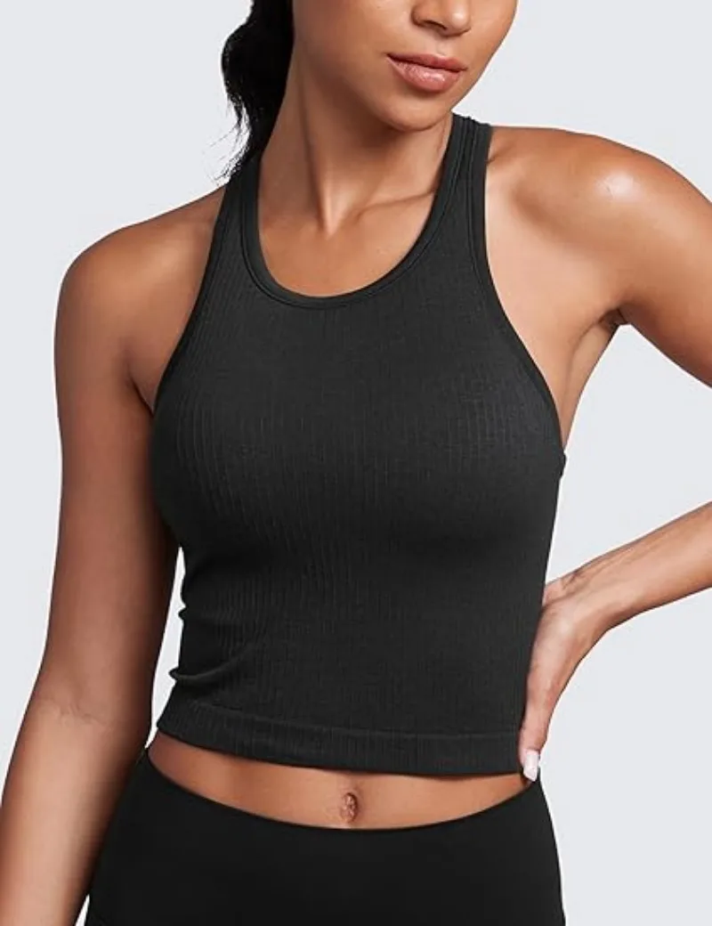 YOGA Womens Seamless Ribbed Longline High Neck Sports Bra-Racerback Padded Slim Fit Crop Tank