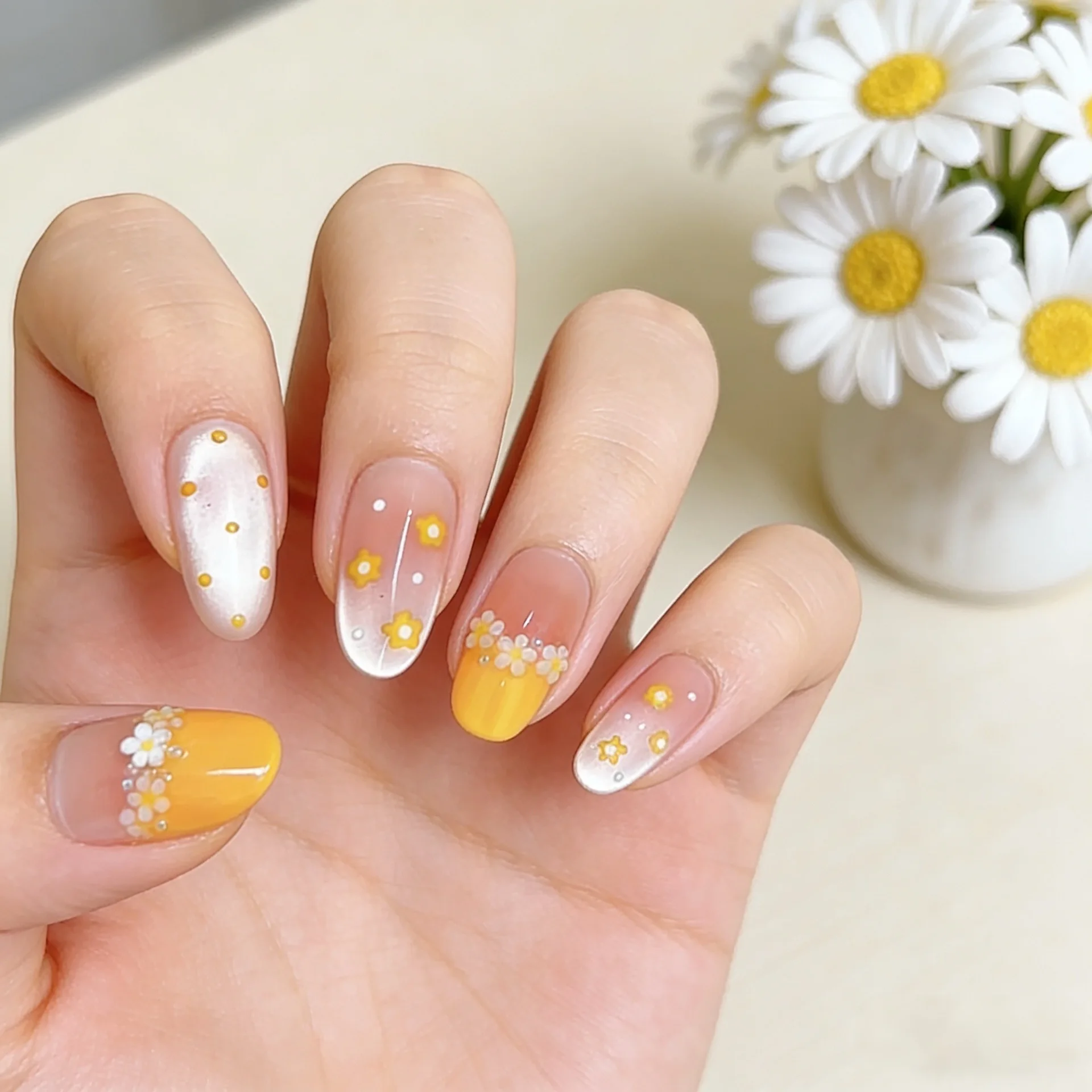 10개입 작은 데이지 꽃무늬 핸드메이드 네일 스프링 허니 프렌치 캣아이 프레스온 네일 미디엄 오벌 여성&소녀용 가짜 네일