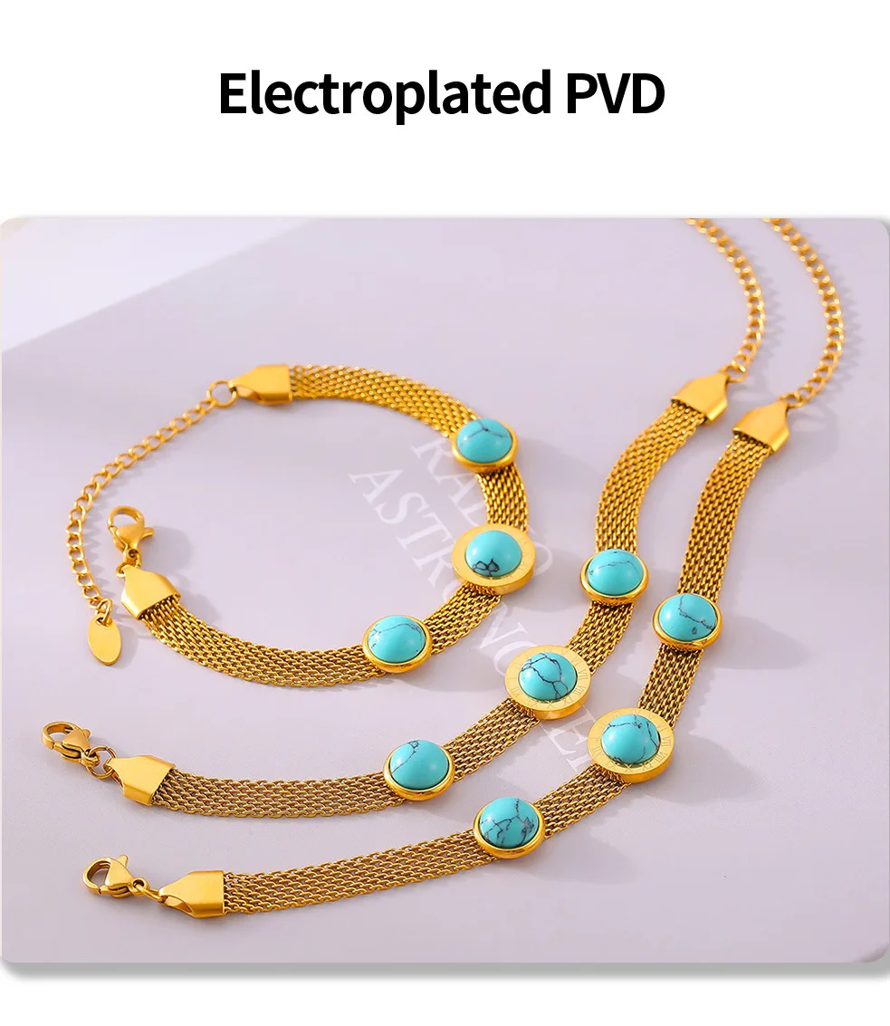 Vintage Blau-Türkis Runder Anhänger Armreif Damen Edelstahl Vergoldete Dicke Kette Luxus Armband Schmuck Accessoires – Detail 6