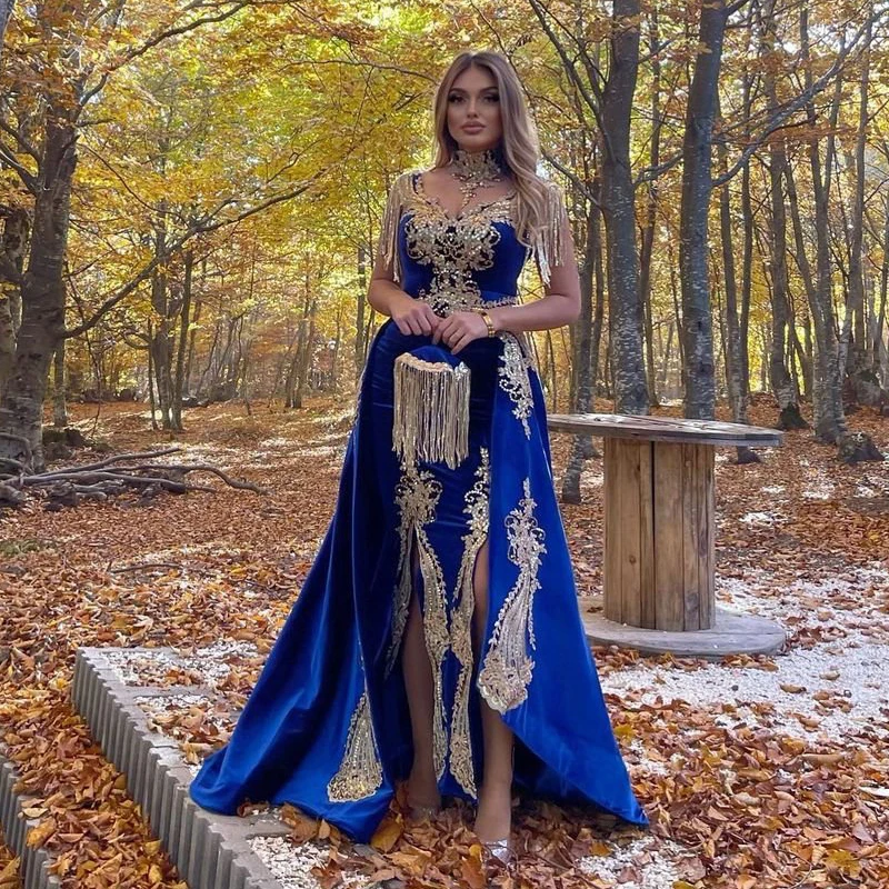 elegant muslim evening dresses ball gown ankle length lace beaded dubai saudi arabic long evening gown prom Blue Moroccan Caftan Evening Dresses Mermaid Dubai Saudi Arabic Gold Embroidery High Split Islamic Prom Gown Plus Size 2024