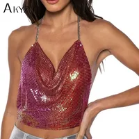 Sexy Metal Sequins Tank Top – Backless V‑Neck Crop 2025