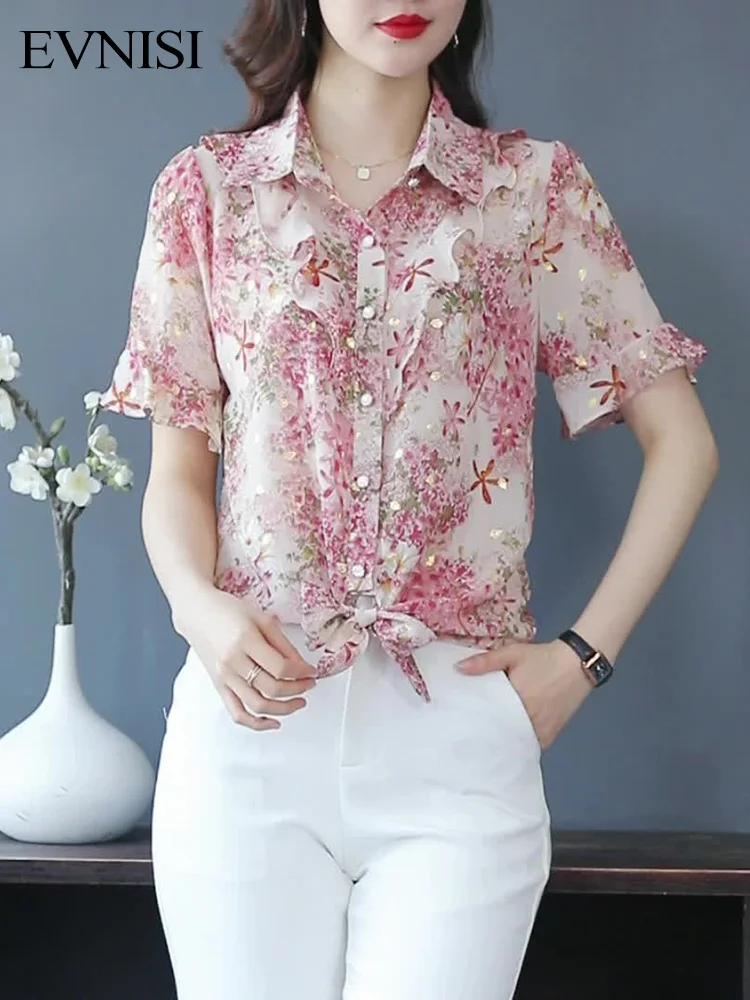 

Женская шифоновая блузка EVNISI с оборками и цветочным принтом, Новинка лета 2022, Свободный Повседневный удобный женский топ с коротким рукавом